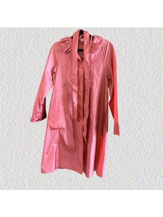 Vintage 1980s Totes Coat Pink Nylon Ruffle Trench Raincoat - Packable Unlined Si - Picture 2 of 12